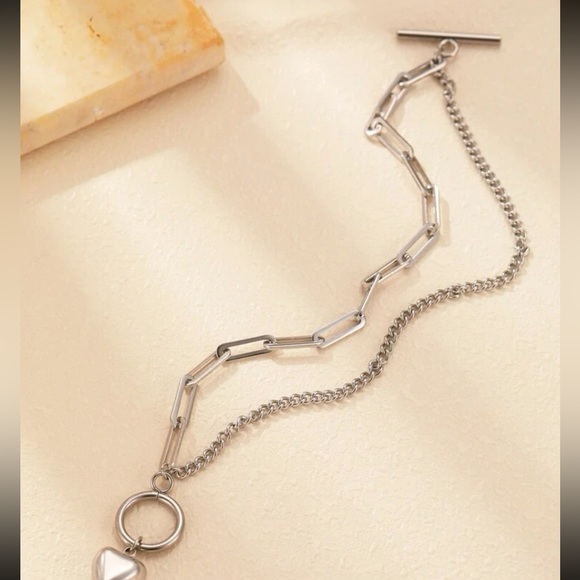 Silver Tone Heart Paperclip Chain Stainless Steel Bracelet - Picture 3 of 5